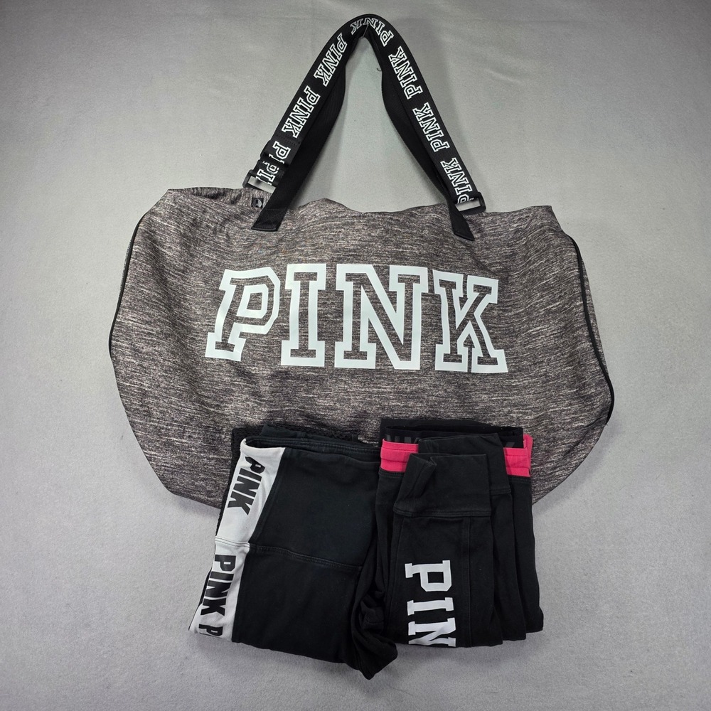 Victoria's Secret PINK 3pc Set Duffel Bag Mesh Leggings Joggers Black Grey Small